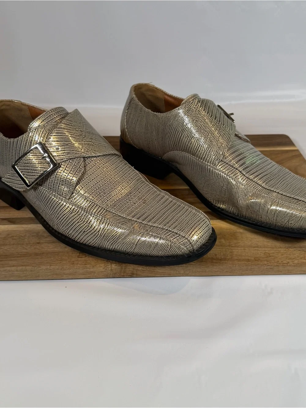 Aldo Bellini Metallic Silver Textured Monk Strap Dress Shoes 12 Snakeskin print